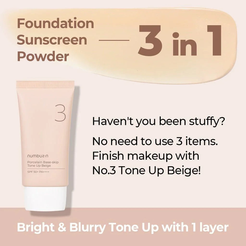 Numbuzin - No. 3 Porcelain Base-Skip Tone Up Beige 50 ml